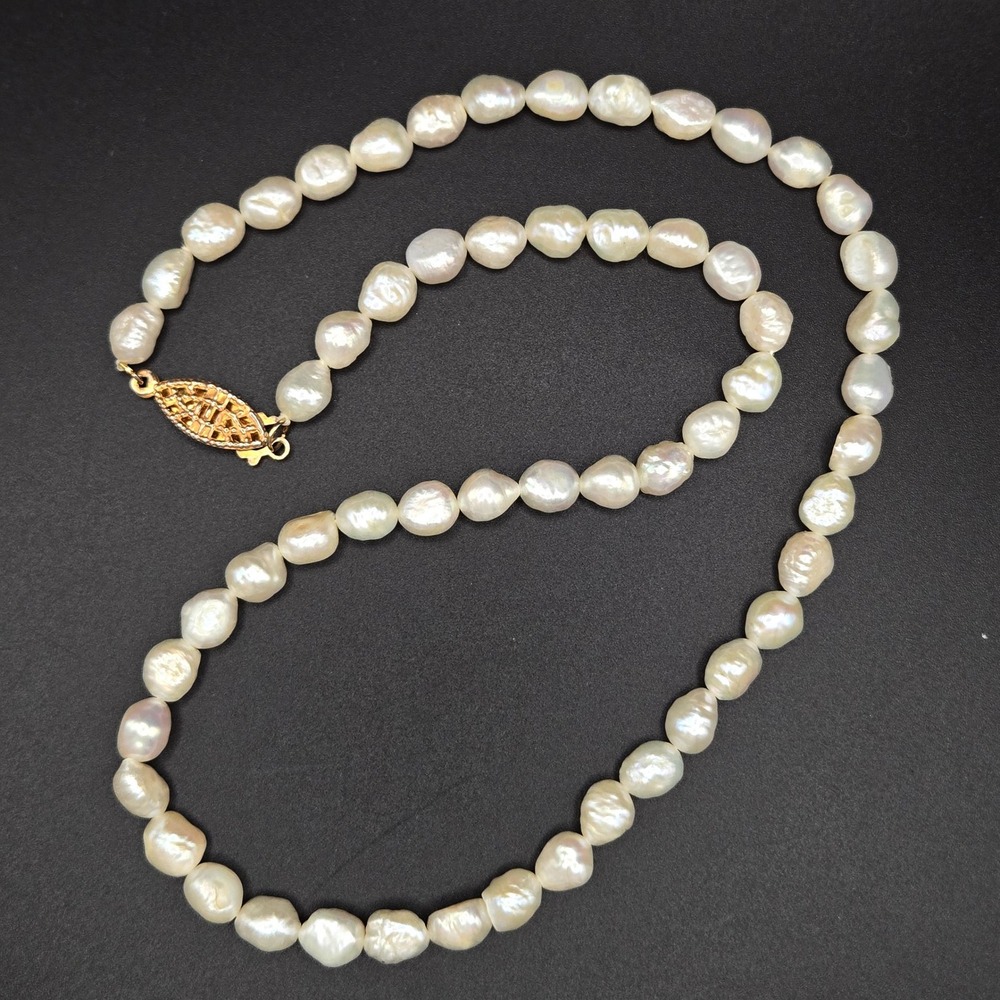 Vintage Baroque Freshwater Pearl Necklace 6mm Simple Strand Gold Tone Clasp 17"